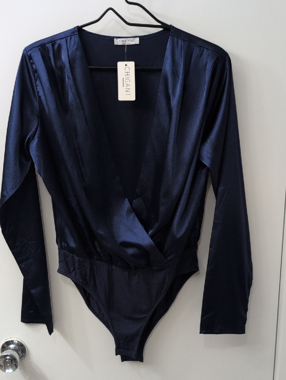 Gant Navy Satin Wrap-Front Long Sleeve Bodysuit